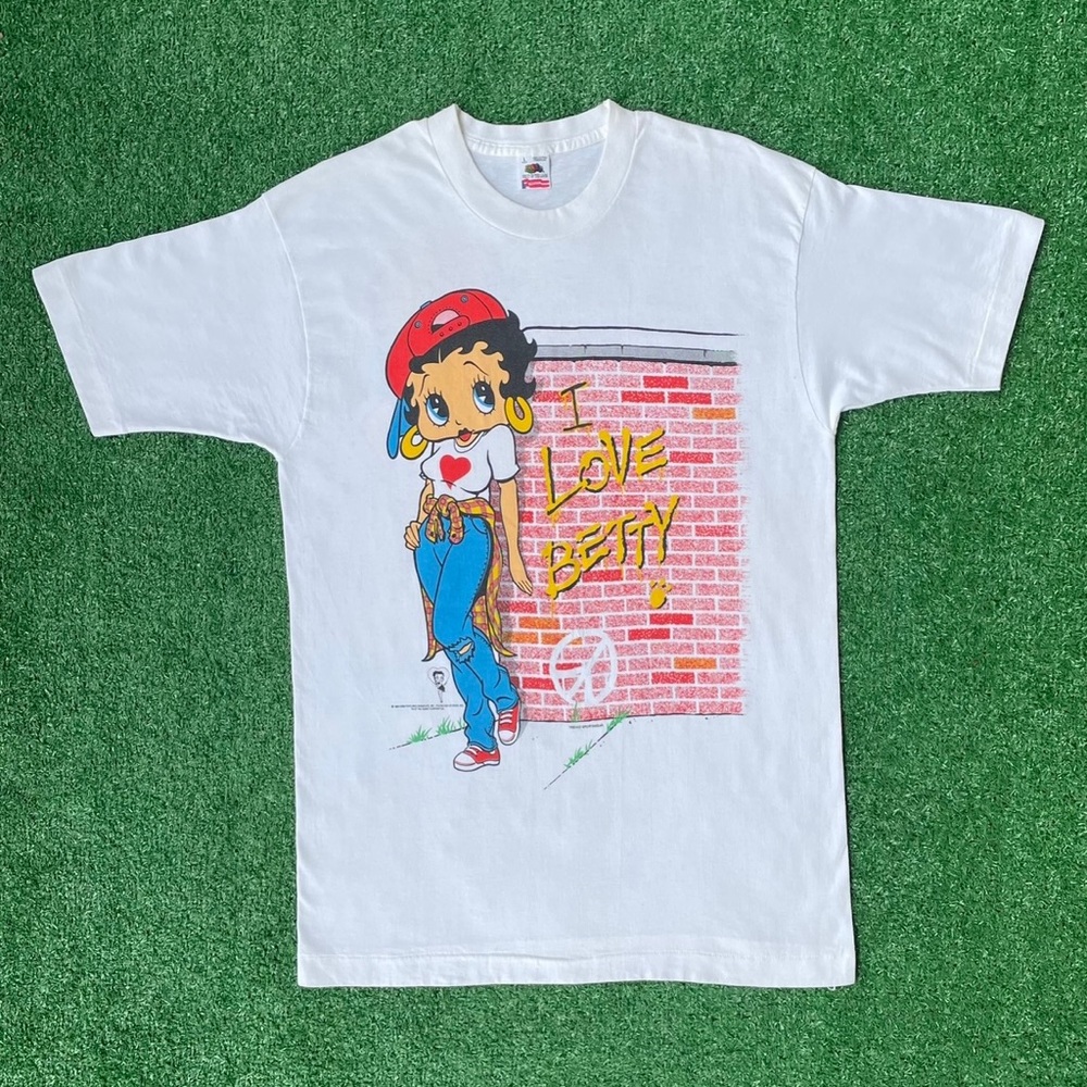 Rare Vintage White Graphic Tee with Red & Blue Betty Boop Double Sided Print